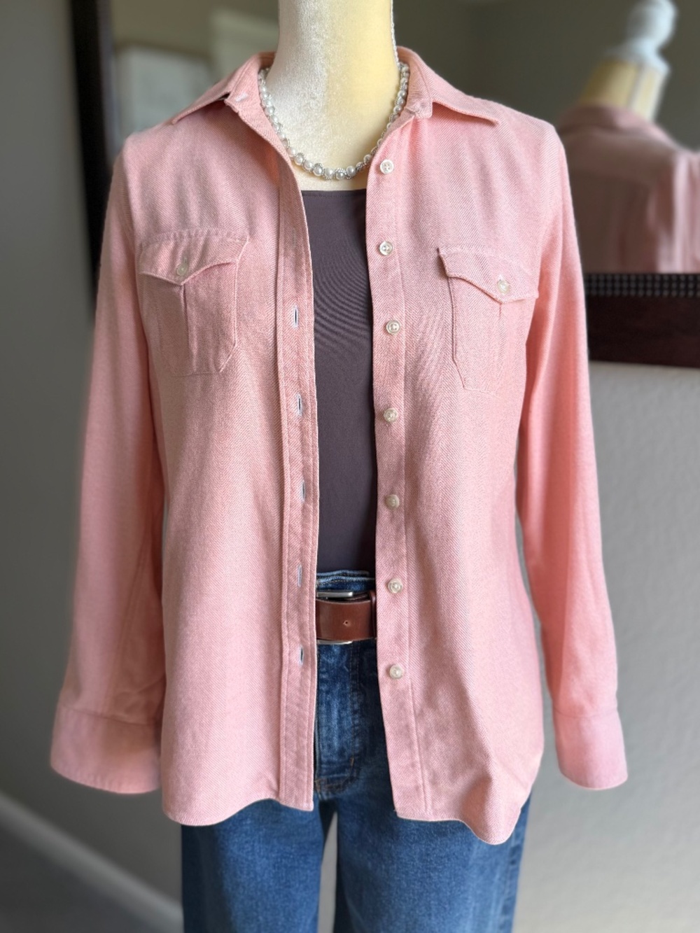Lands' End Women’s Portuguese Flannel Shirt Pink Herringbone Button Up Sz 6-8